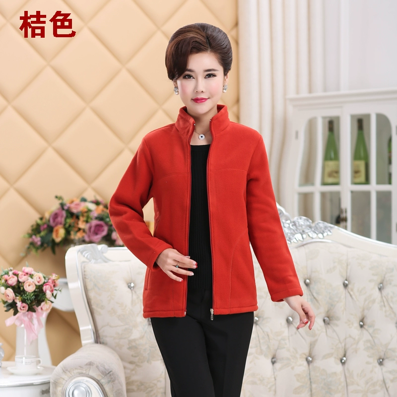 Áo len trung niên dài tay áo khoác lông cừu lạc đà nữ mùa thu và mùa đông thể thao ngoài trời mẹ tải áo lông cừu trung niên