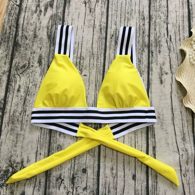 2018 speed bán bikini mới khâu màu vàng đen sọc trắng áo thun thun bikini gợi cảm - Bikinis shop do boi