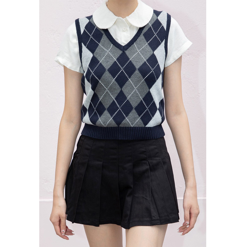 Brandy Girl Official Website American Retro Diamond-Patterned Knitted Vest with Contrasting Colors, Preppy Style V-Neck Bm Vest