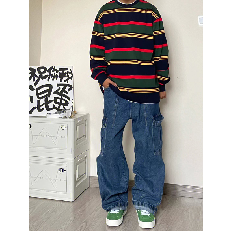 American Street Style Multi-Pocket Straight-Leg Jeans for Men, Loose Vintage Workwear Casual Wide-Leg Pants