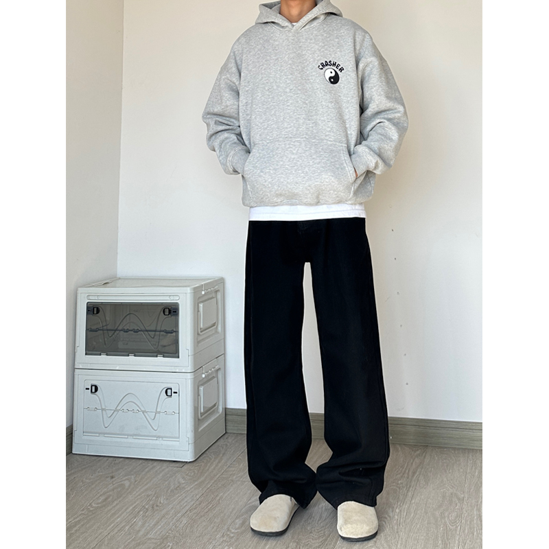 Sunset Sea Basic Black Straight-Leg Jeans for Men, American Retro Style, Loose Casual Long Pants for Commuting