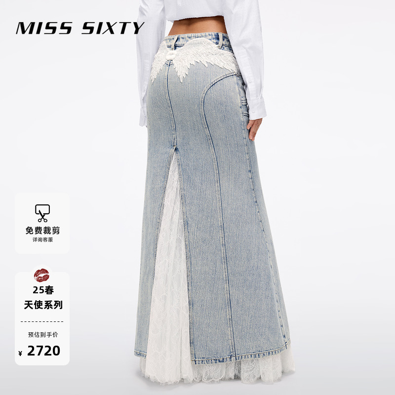 【エンジェルシリーズ】Miss Sixty25春新作デニムスカートレディースヘビーウィングレーススプライシングロングスカート