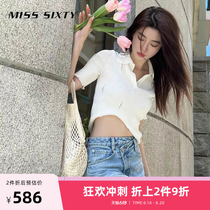(fold up to 2 pieces 9 fold) Miss. Sixty2022 spring new stitch sweatshirt woman polo turnstile hollowed-out
