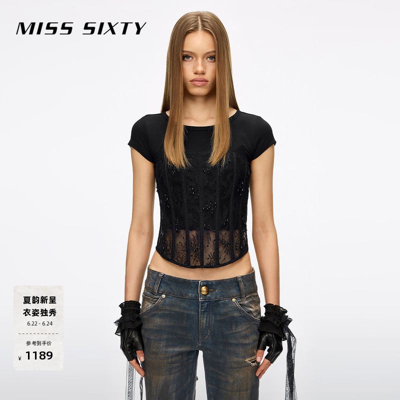 Miss Sixty2026 Spring New Short-Sleeved Shirt for Women Layered with Two-Piece Lace Beaded Bra Top