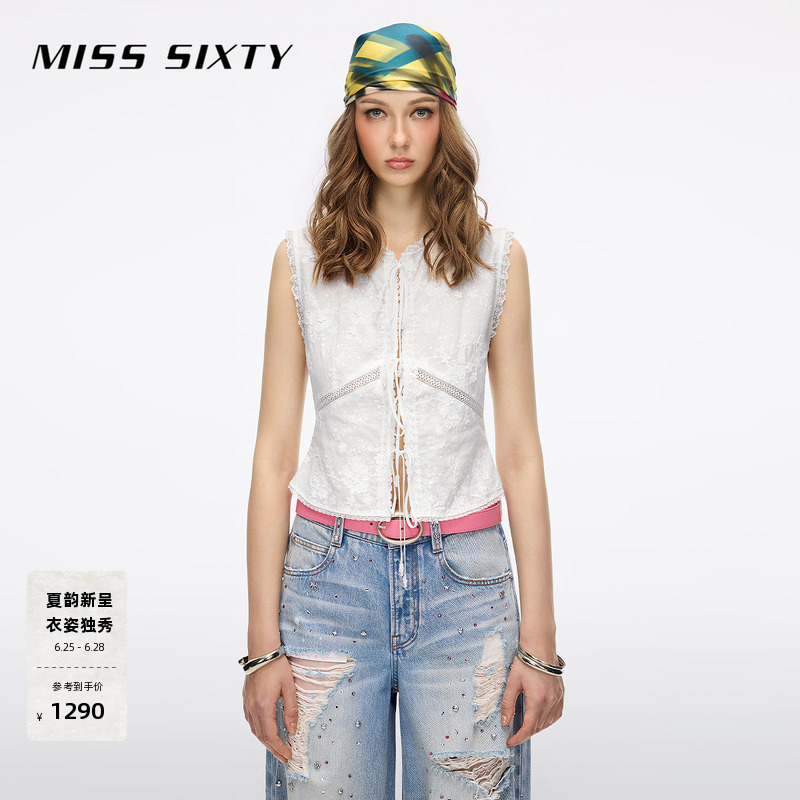 Miss Sixty2026 New Summer Style Sleeveless Shirt for Women with Lace, Sequins, Embroidery, Cut Out Lace-Up Top Miss Sixty2026 New Summer Style Sleeveless Shirt for Women with Lace, Sequins, Embroidery, Cut Out Lace-Up Top