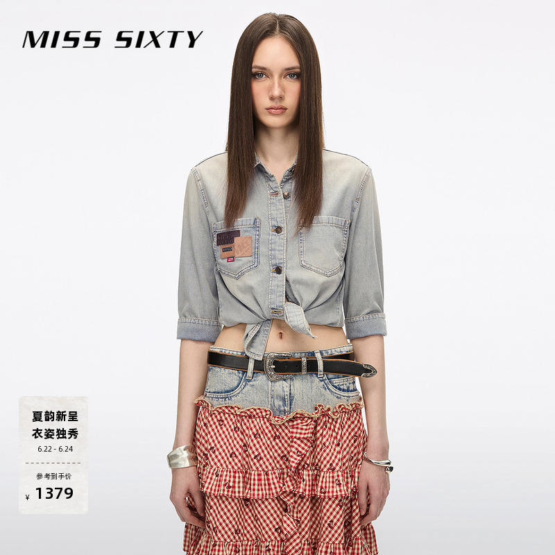 [Celebrity Style] Miss Sixty 2026 Summer New Denim Shirt for Women, Vintage Multi-Patchwork Mid-Sleeve Top