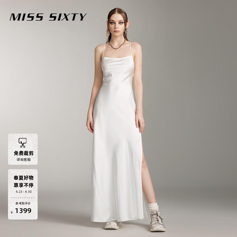 Miss Sixty Triacetate Satin Slip Dress with Backless Slit, High-End Resort Beach Outfit