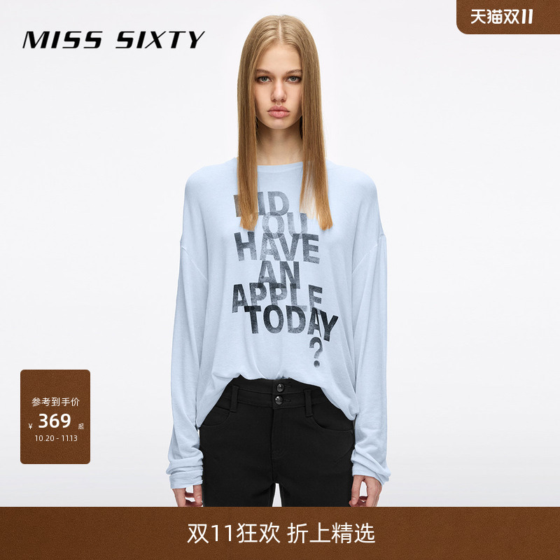[Lyocell] Miss Sixty 2026 Spring/Summer New Loose Long-Sleeve T-Shirt for Women with Letter Print and Wool Blend