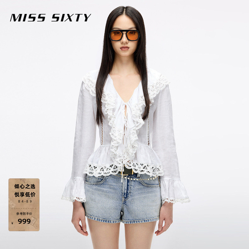【Linen】Miss Sixty Long-Sleeved Shirt for Women, V-Neck, Ruffled, Tie-Up, Elegant Top, Seaside Vacation Style