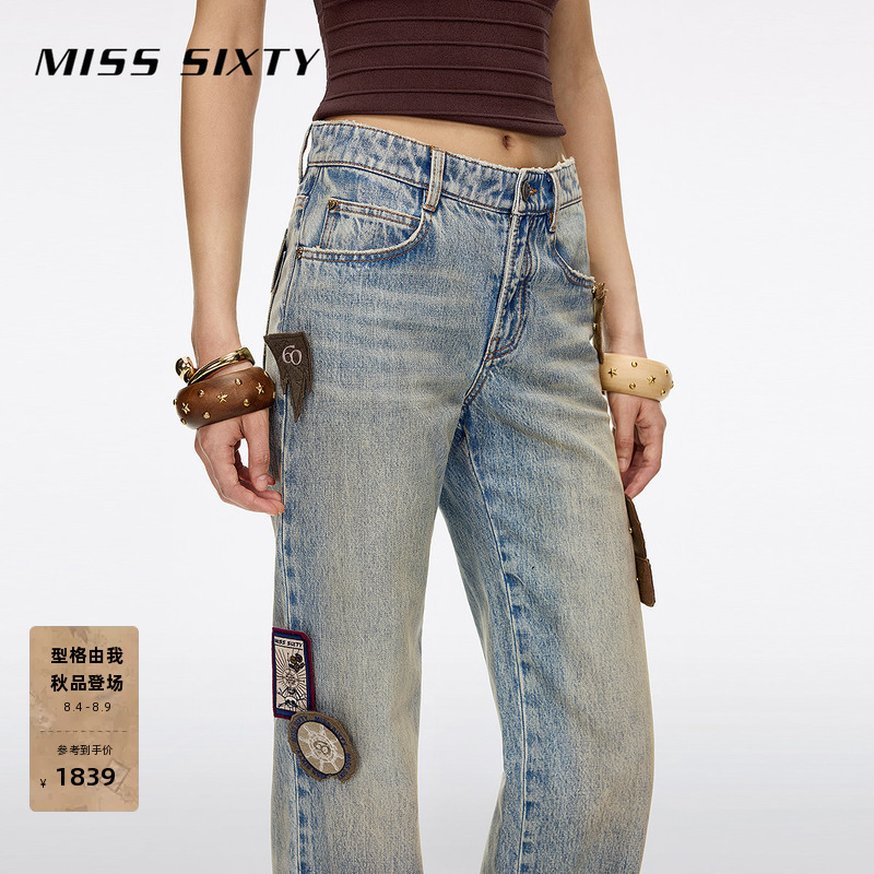 Miss Sixty 2026 Autumn New Women's Jeans Mid-Waist Detachable Badge Distressed Ripped Straight-Leg Pants