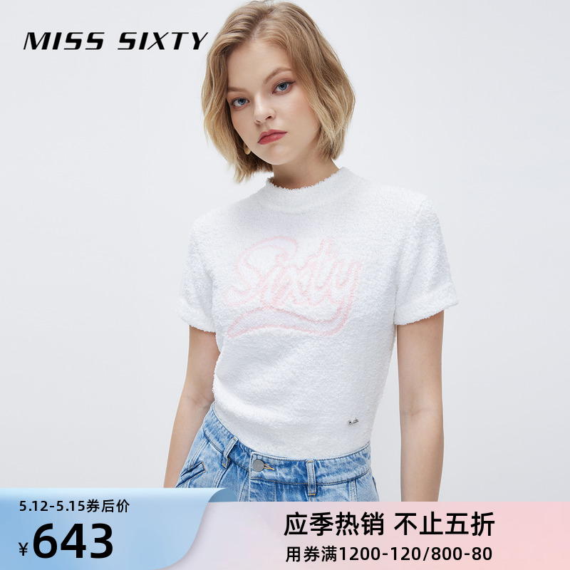 Miss Sixty2022 spring new woolen sweatshirt female letter jacquard round collar short sleeve 6W1RJ7511000