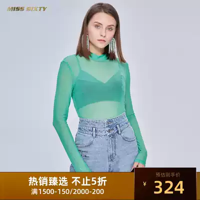 Miss Sixty letter hot drill half high collar slim slim net gauze base shirt long sleeve top female