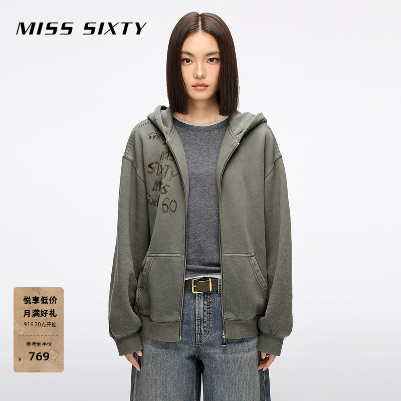 Miss Sixty Winter Sweatshirt Jacket for Women with Hood, Rhinestone Pockets, Casual Loose Fit, Sporty Style Top