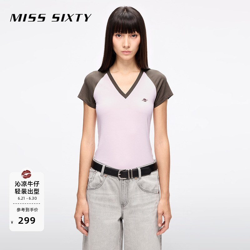 Miss Sixty2025夏の新作TシャツレディースVネック半袖テンセルラグランスリーブコントラストカラースリムフィットシンプル