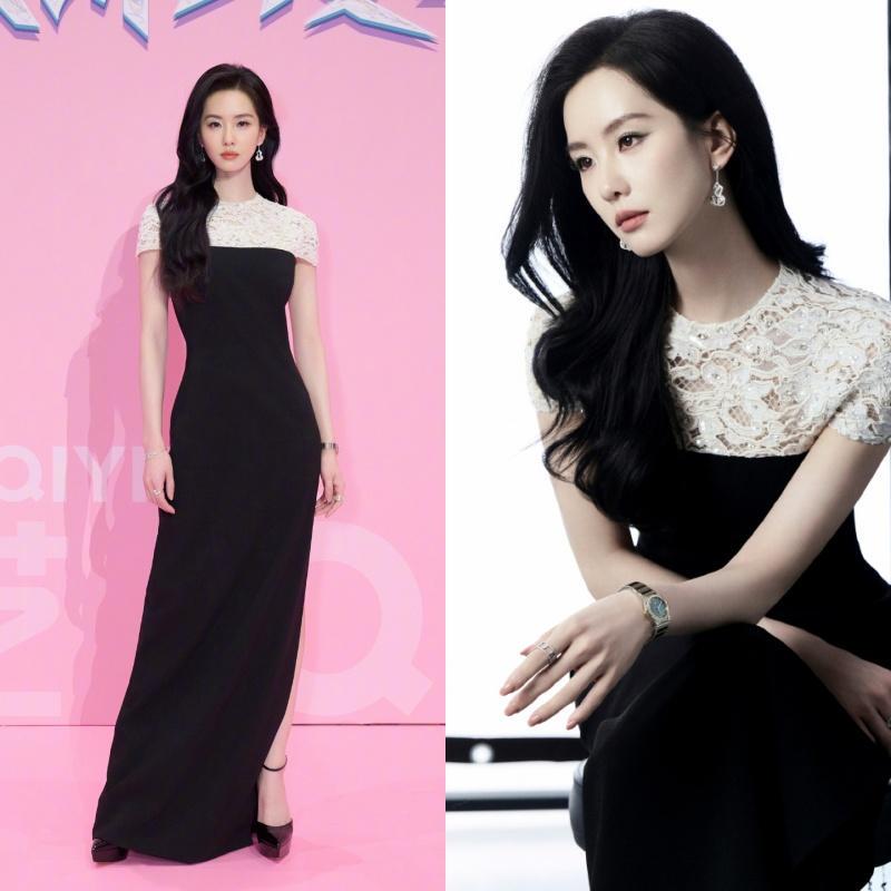 Liu Shishi, the Actress Who Starred in the Show, Wore a Black and White Patchwork Dress with Rhinestones and a Long Slit