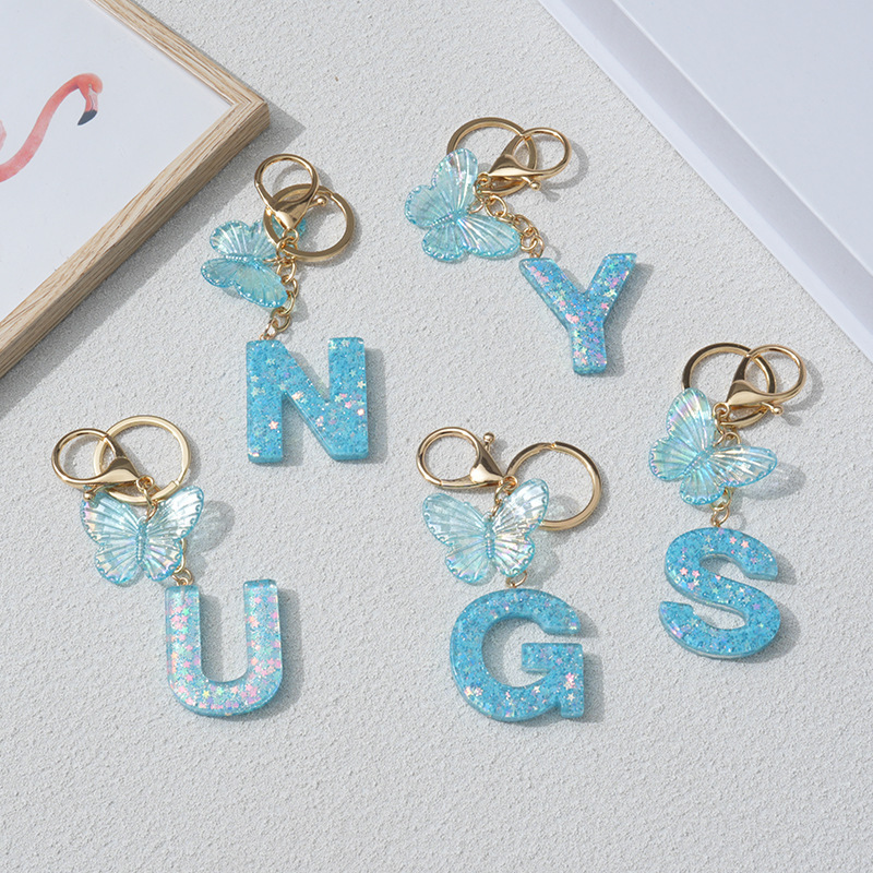 A-Z Resin Letter Keychain Lake Blue Butterfly Pendant Women's Bag Charm Car Keychain Cross-Border A-Z Resin Letter Keychain Lake Blue Butterfly Pendant Women's Bag Charm Car Keychain Cross-Border