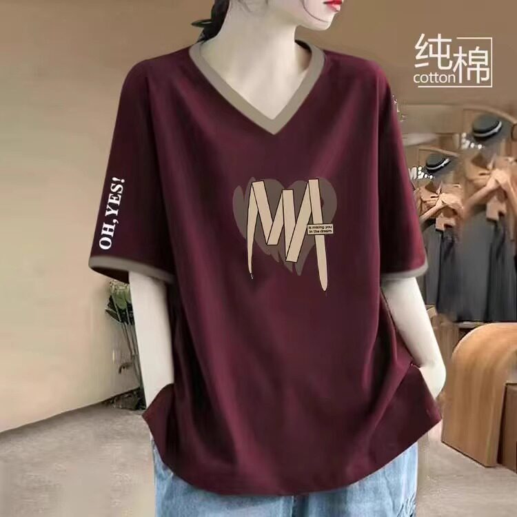 2026 150kg Super Popular Plus-Size Women's Tops Summer V-Neck Short-Sleeve T-Shirt Women's Pure Cotton Loose Casual Base Shirt