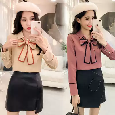 Early spring chiffon shirt women's long-sleeved 2021 spring new loose warm bow shirt retro red top