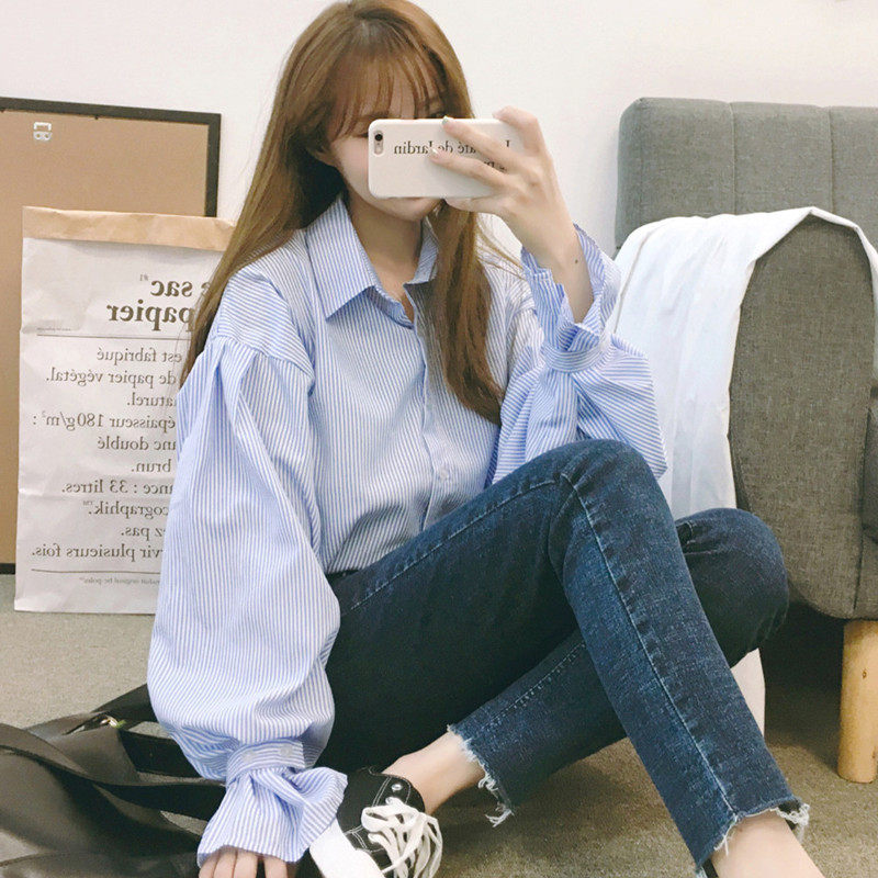 2021 spring and autumn new Korean edition lantern sleeve cuffs with striped shirt women's long-sleeved blouse design sense minority