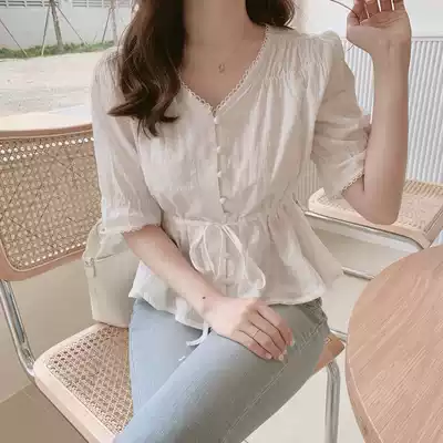 Summer 2021 new Korean lace stitching lace-up waist design sense niche short-sleeved shirt women's top
