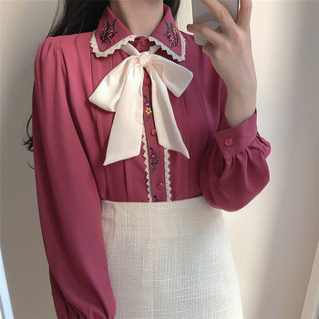 2022 Spring and Autumn New Korean Version Sweet Embroidery Lace Doll Collar Bow Shirt Women's Blouse Design Sense