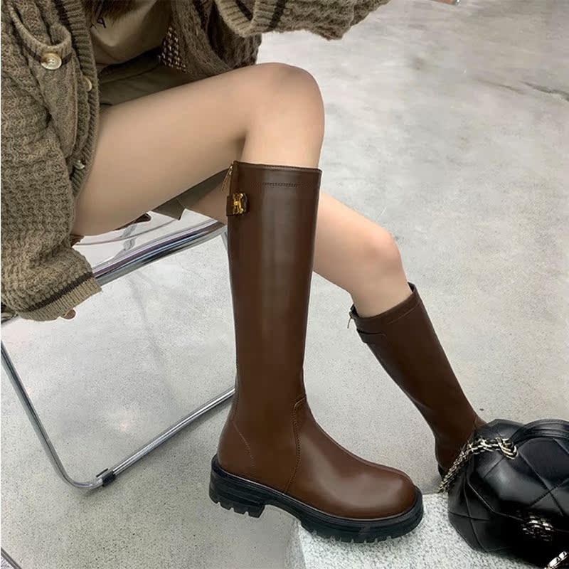 < high end production > gush small gold buckle high cylinder long boots with slim and large long legs though knee-length cylinder boots