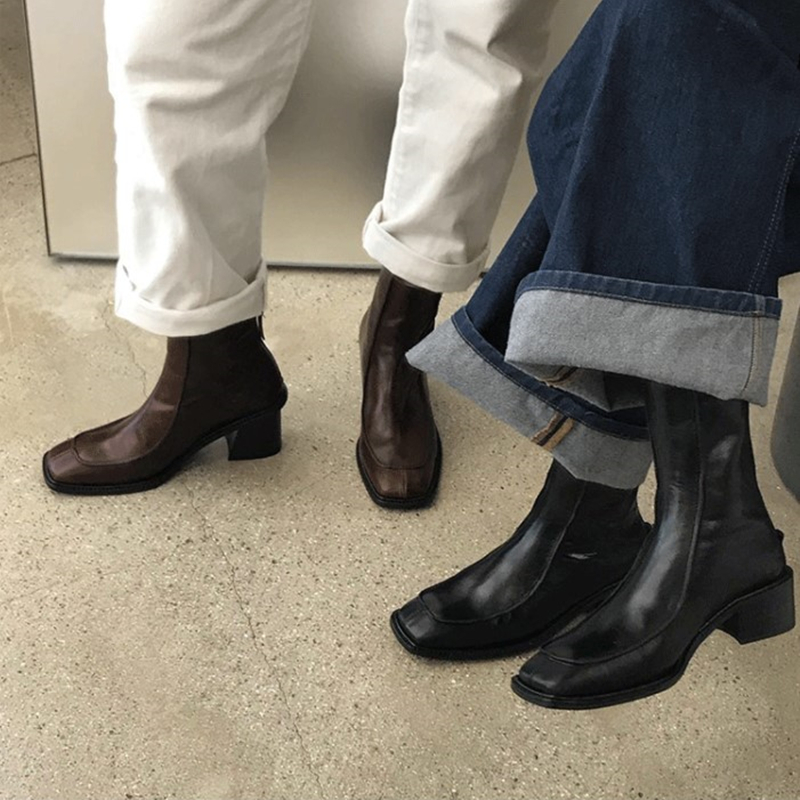 Square head retro rear zipper coarse heel short boots woman 2023 Winter new small crowddesign Naked Boots Fashion Elastic Boots-Taobao