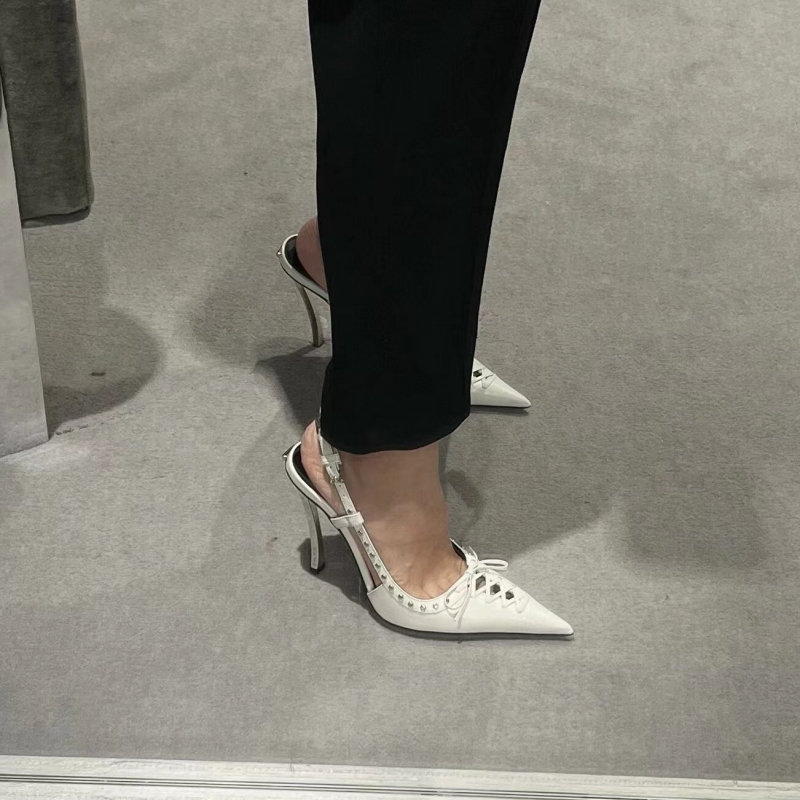 Lace-Up Bow Rivet One-Word Buckle Strap Toe Sandals for Women 2025 Pointed Toe Stiletto Heel Banquet Back Strap High Heels
