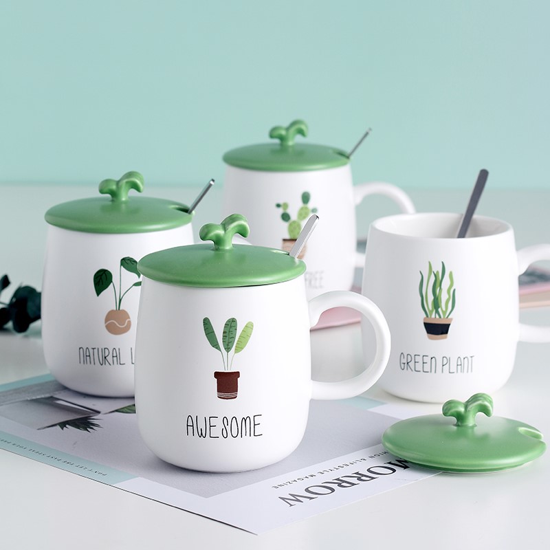 Large capacity in the summer of lovely ceramic cup tea trend of men and women home mark cup of milk coffee cup with a spoon