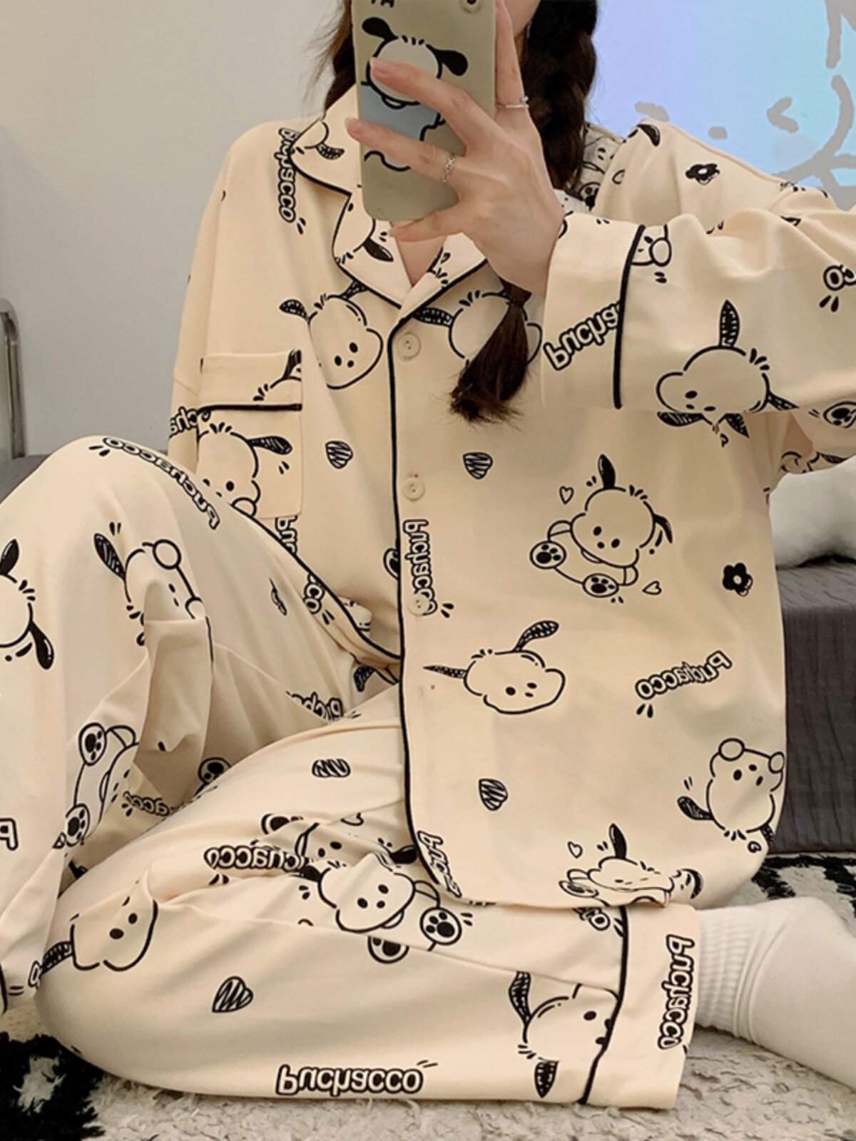 Cartoon Pajamas for Young Ladies, Spring, Autumn and Winter Cardigan, Long-Sleeved Outer Wear, Home Wear, Plus Size Two-Piece Set That Can Be Worn Outside