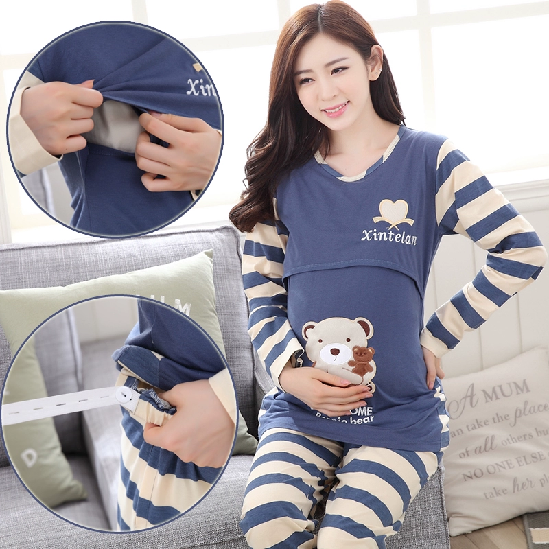 Quần áo mùa hè cotton mang thai phụ nữ đồ ngủ mùa xuân và mùa thu sau sinh cho con bú quần áo cho con bú quần áo dài tay phù hợp với dịch vụ nhà - Giải trí mặc / Mum mặc