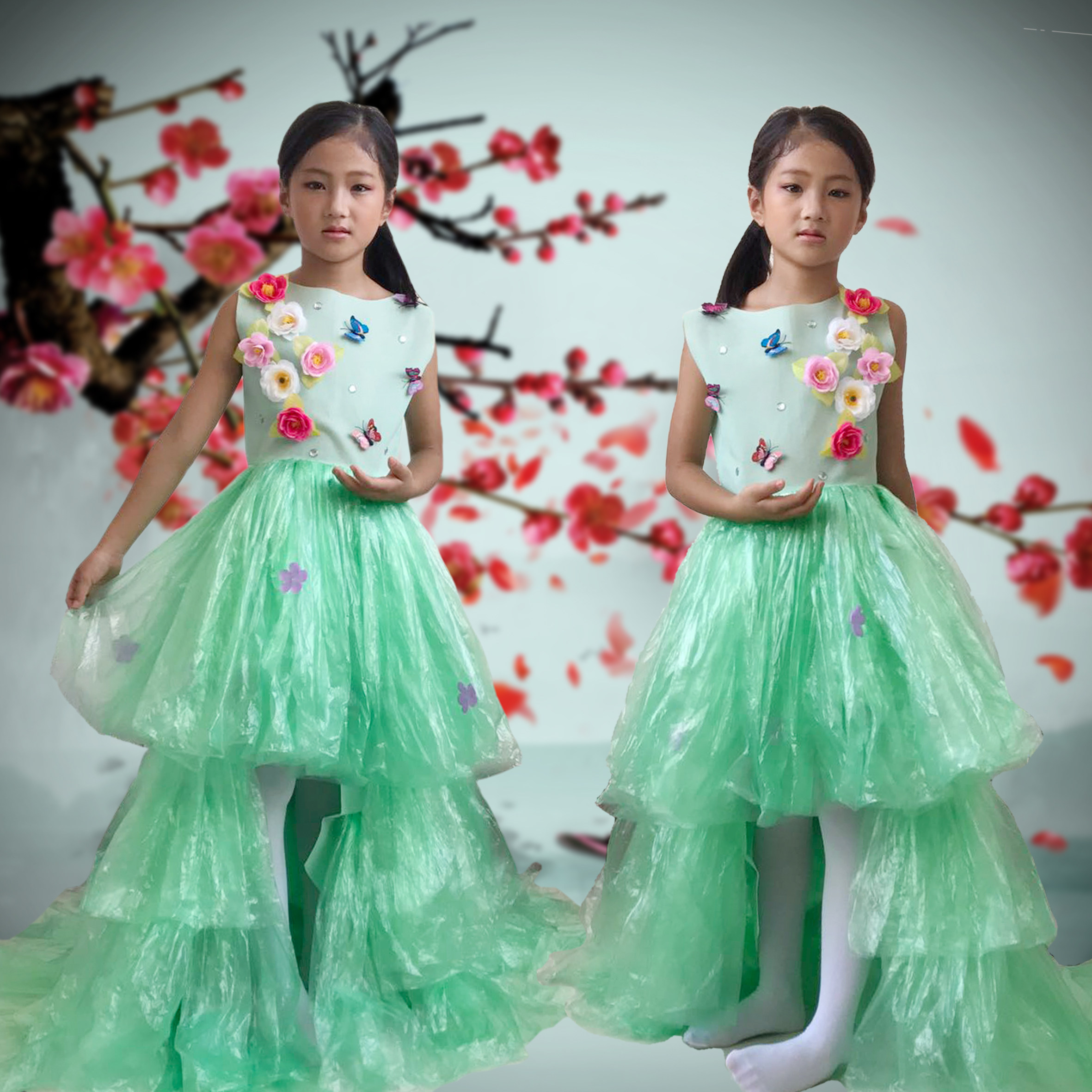 万圣节环保拖尾裙儿童环保材料服装舞台表演服走秀演出服手工拖尾