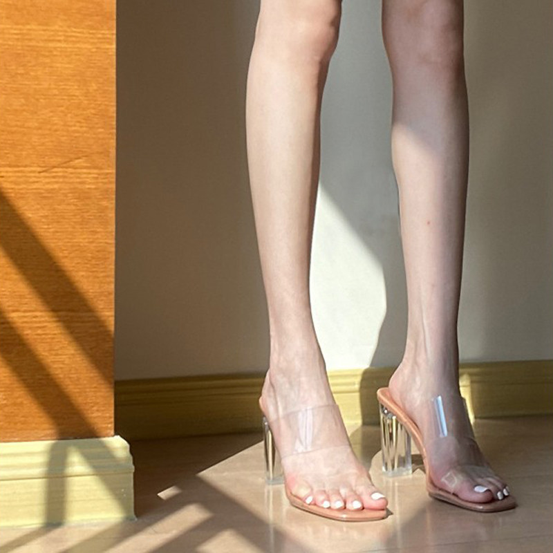 Long Legs Series ~ Three Heel Heels ~ Transparent Sexy High-Heeled Sandals for Women, Chunky Heel, Glass Crystal Slippers
