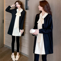 Maternity dress Spring and autumn season long top fashion Korean version lapel bow tie net red maternity dress