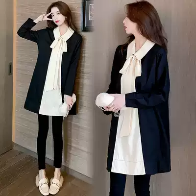 Maternity clothing spring and autumn season long version of the top fashion Korean version lapel bow tie net red maternity dress