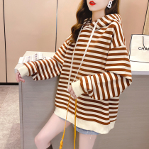 Pregnant spring top Medium long long sleeve striped base shirt fashion Korean version loose pregnancy hooded sweater