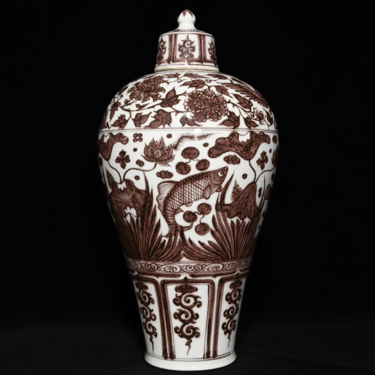 仿古玩古董瓷器陶瓷D元釉里红莲年有余鱼藻纹孔雀牡丹花带盖梅瓶