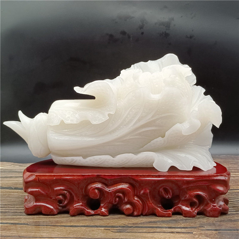 Afghan white jade cabbage ornaments handmade Ming and Qing classical desktop crafts gifts ornaments solid wood root carving base gift box - Taobao