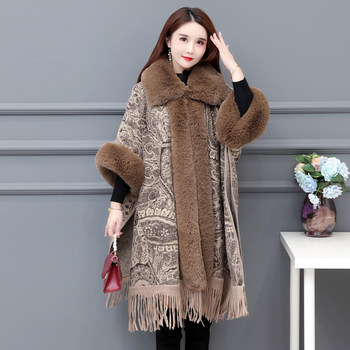 Shawl cloak women's fashion plus size spring and autumn retro Korean version of the high-end small fragrance fur collar autumn and winter hooded large size