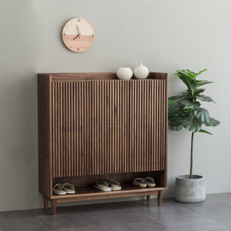 Nordic simple cherry wood solid wood three-door shoe cabinet Japanese-style black walnut home door entrance multi-layer storage cabinet