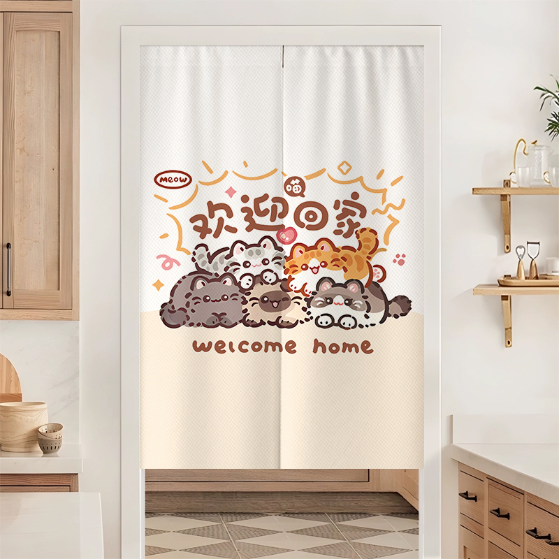 Cartoon fun cat door curtain partition without punching bedroom cover curtain warm home fabric toilet half curtain can be customized