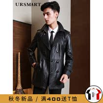 Leather windbreaker men long double-breasted men Business Leisure British youth trend head cowhide jacket men