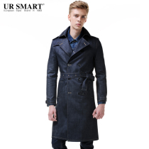 Ursmart Youjishi simple double-breasted long mens denim windbreaker black denim long mens windbreaker