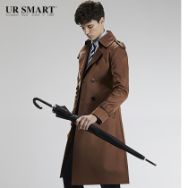 British fashion URSMART new double-breasted mens windbreaker long girdle mens windbreaker