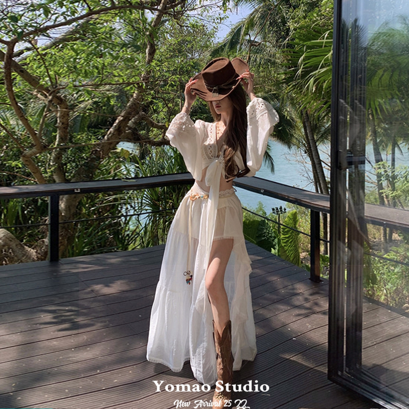 Yunnan Xishuangbanna Travel Outfit Women's Bohemian Style Lace Suit Dress Thailand Chiang Mai Island Long Dress