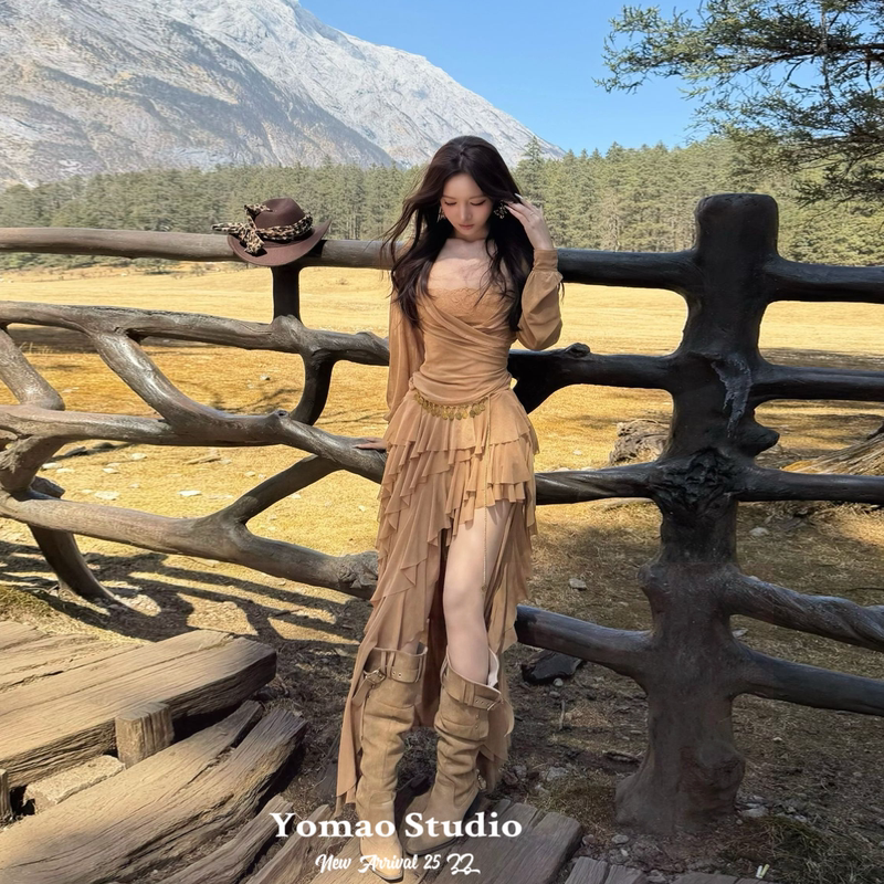 Xinjiang Northwest Circular Route Desert Tourism Wasteland Style Asymmetrical Top and Skirt Set Dress Yunnan Outfit