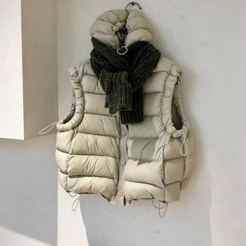 Super Stylish Korean-Style Ribbed down Vest for Women with Hood, 90% White Duck Down, Thickened, New Autumn and Winter Outerwear Knitted Vest