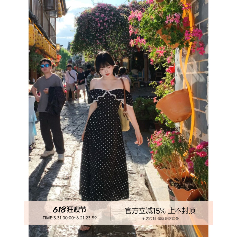 Mengfairy Polka Dot Dress for Women, New Summer Style, Plus Size Long Dress, Off-Shoulder, Waist-Cinching Dress Mengfairy Polka Dot Dress for Women, New Summer Style, Plus Size Long Dress, Off-Shoulder, Waist-Cinching Dress