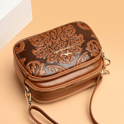 Soft Leather Women's Small Bag 2026 New Chinese Style Embossed Shoulder Crossbody Bag Multi-Layer Fashion Middle-Aged Mother Bag