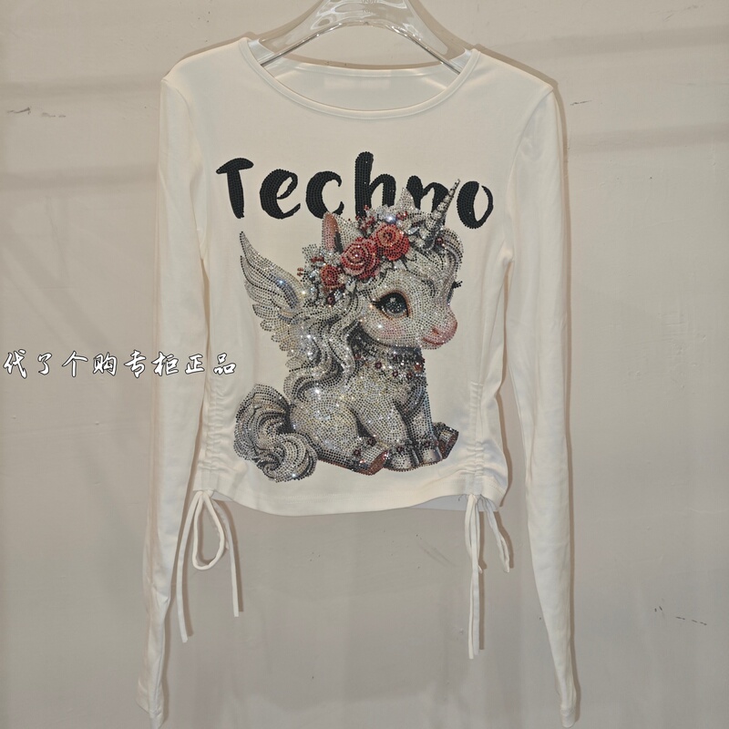 Tch Trendy Brand Authentic 2026 Spring New Women's Long-Sleeve T-Shirt Unicorn Rhinestone Drawstring T78A086047